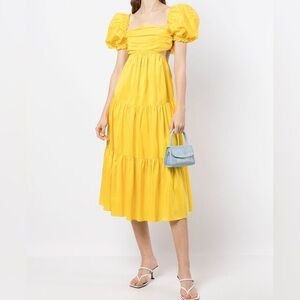 Rebecca Vallance Yellow Puff-Sleeve Tiered Midi Dress Brand New w Tags